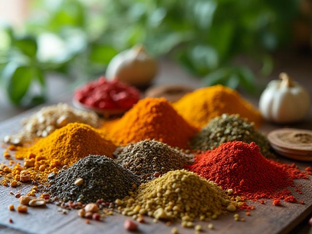 आयुर्वेद के लाभ दर्शाते हुए मसाले और औषधीय जड़ी-बूटियाँ