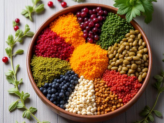 पौष्टिक, रंगीन आयुर्वेदिक सुपरफूड्स की एक थाली