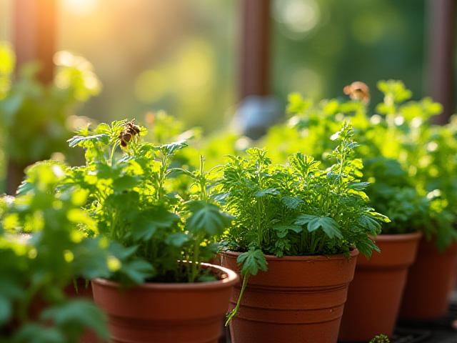 सनी उद्यान में बढ़ती हुई ताज़ी रसोई जड़ी-बूटियाँ