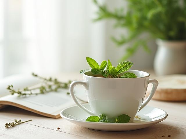 शांतिपूर्ण पृष्ठभूमि में, ताज़ा जड़ी-बूटियों से बनी चाय का कप