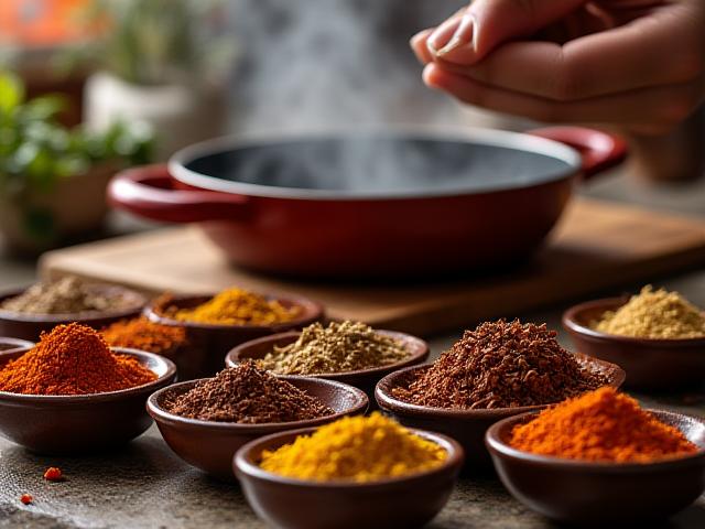 भारतीय मसालों से भरी कटोरियाँ और स्वादिष्ट व्यंजन पका रही महिला